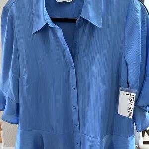 Nine West Blue Button-Down Shirt – Notched Collar, 3/4 Sleeves